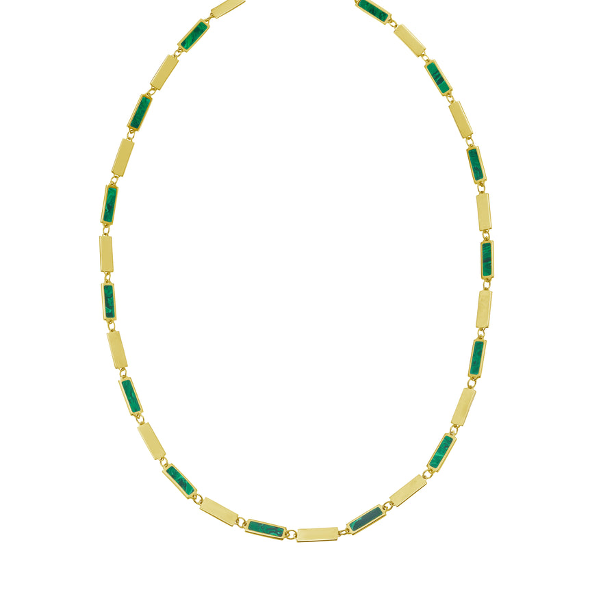 14K Malachite Rectangle Links Necklace-Yellow | Lobster