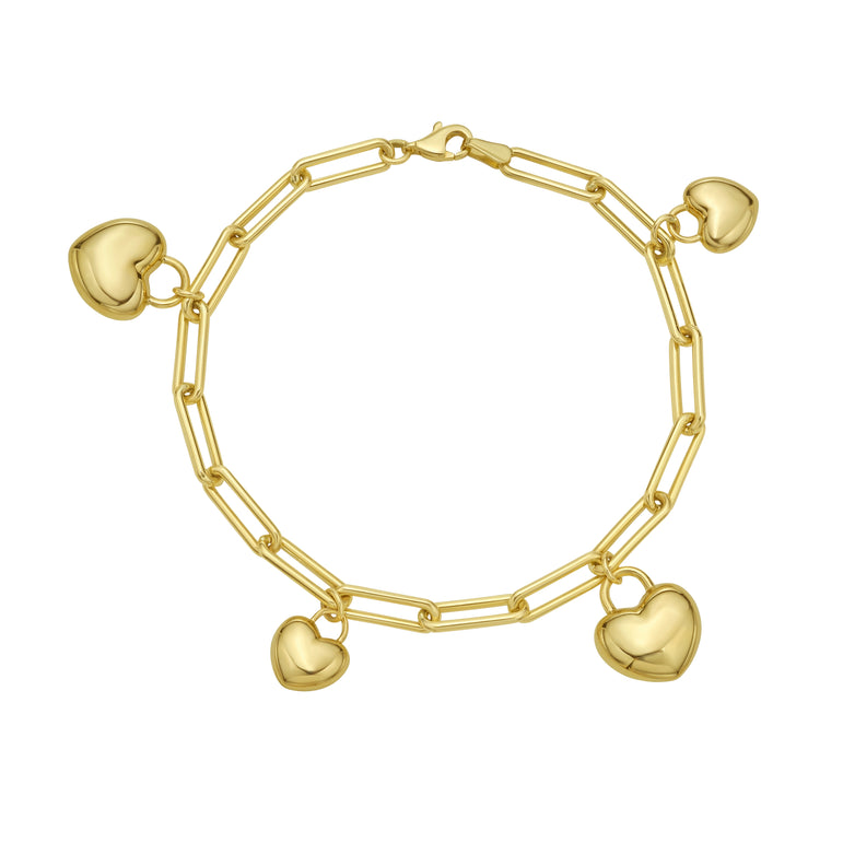 14K Puffed Heart Charm Bracelet-Yellow | Lobster