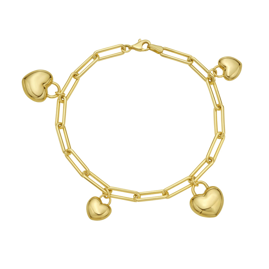 14K Puffed Heart Charm Bracelet-Yellow | Lobster