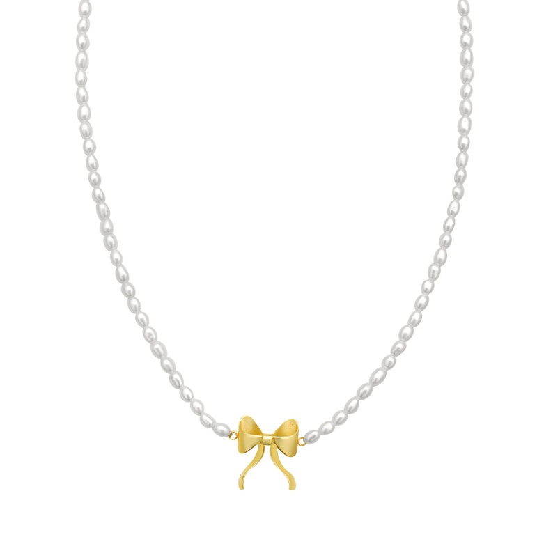 14K Bow Pearl Necklace-Yellow | Lobster
