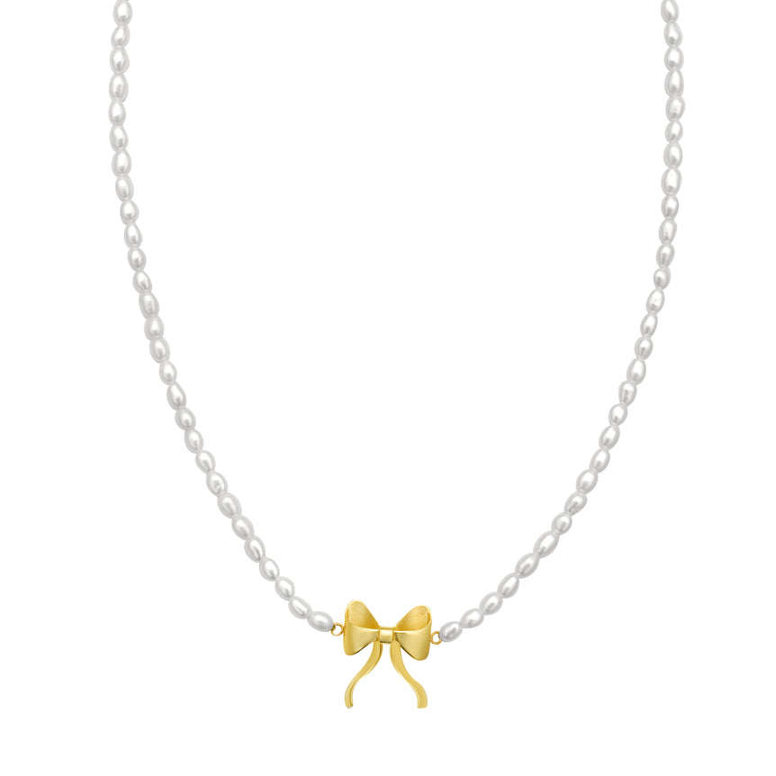 14K Bow Pearl Necklace-Yellow | Lobster