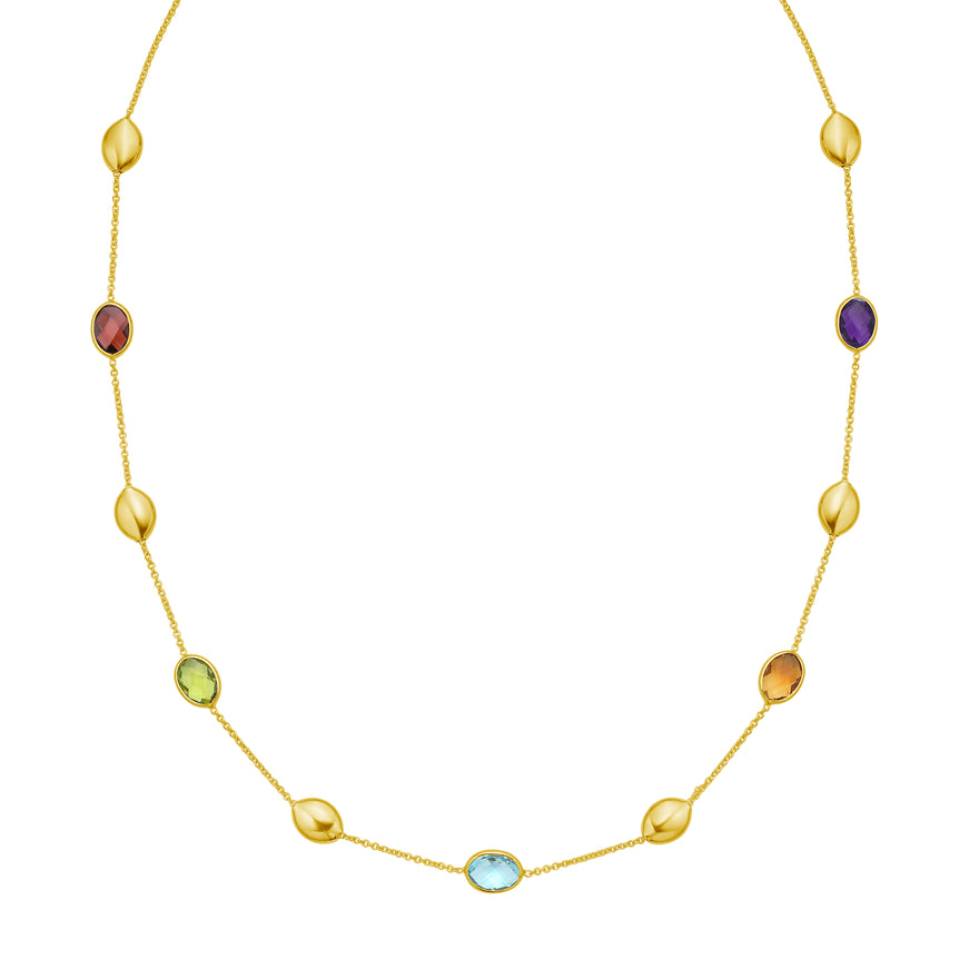 14K Oval Gem & Bead Necklace-Yellow | Lobster