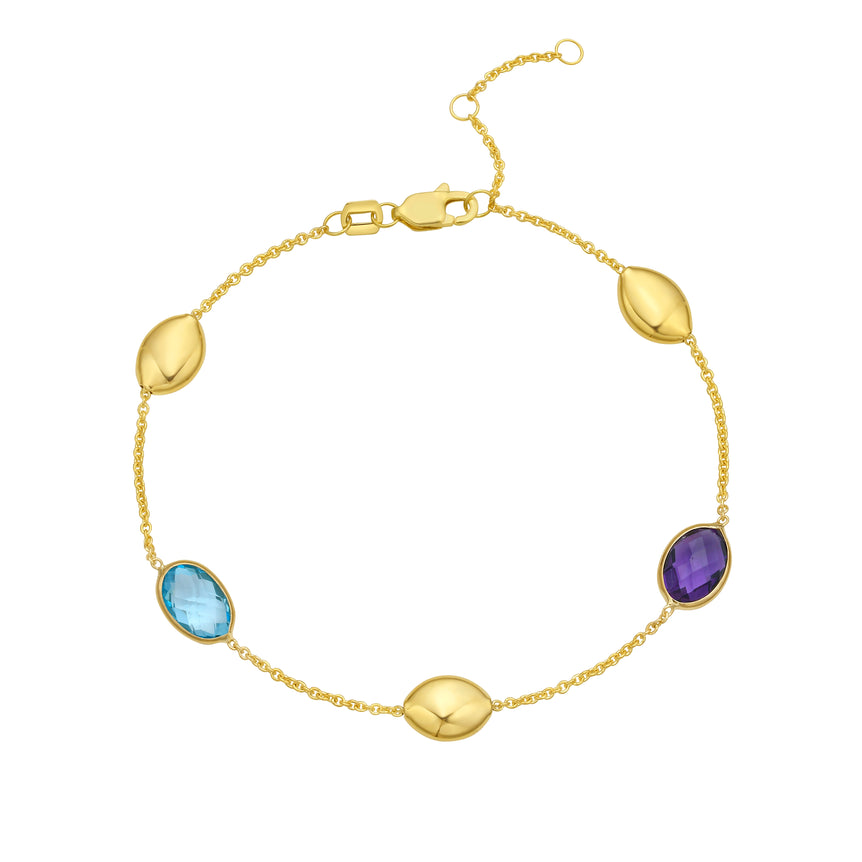 14K Oval Gem & Bead Bracelet-Yellow | Lobster