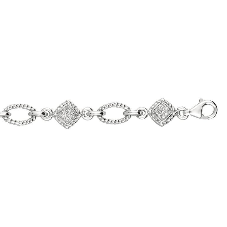 Silver Open Oval Rope .25ct Diamond Accent Link Bracelet-White | Lobster