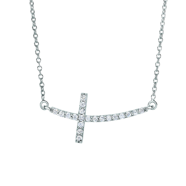 14K Gold .22ct Diamond Side Cross Necklace-White | Lobster