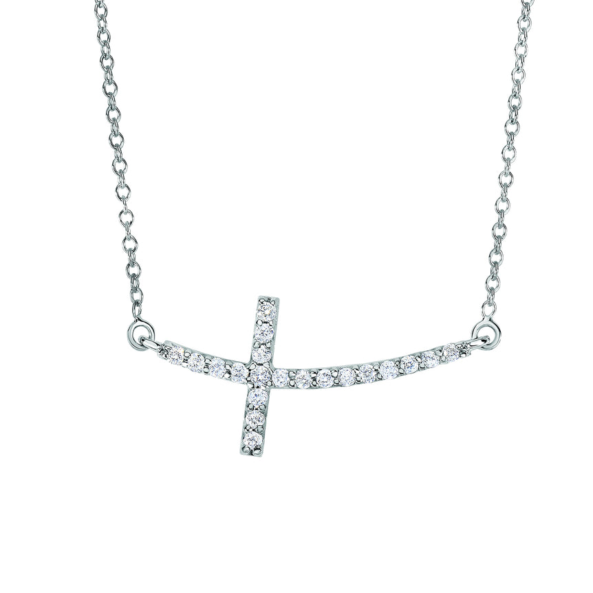 14K Gold .22ct Diamond Side Cross Necklace-White | Lobster