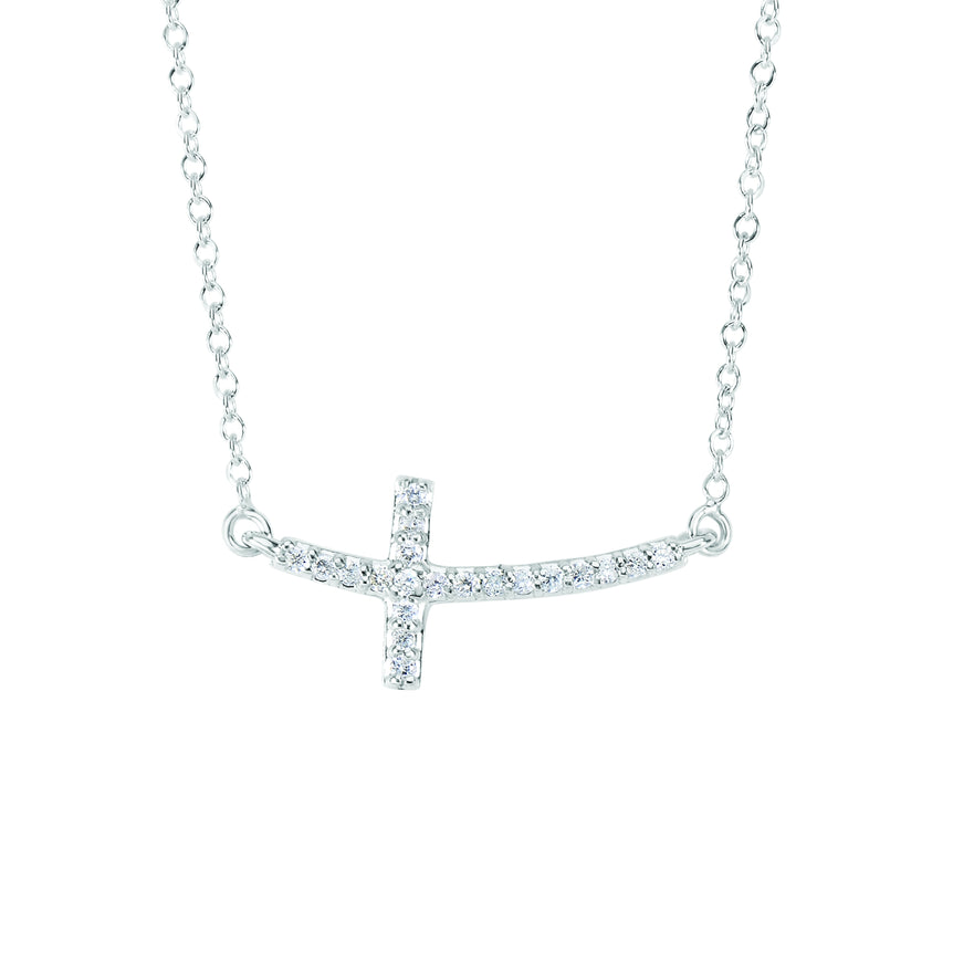 14K Gold .12ct Diamond Side Cross Necklace-White | Lobster