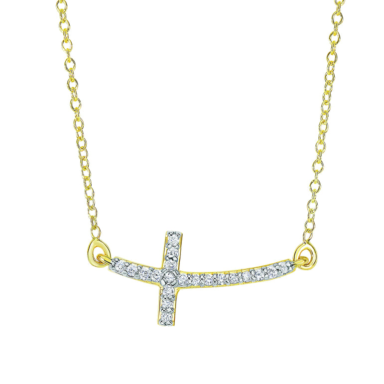 14K Gold .12ct Diamond Side Cross Necklace-Yellow | Lobster