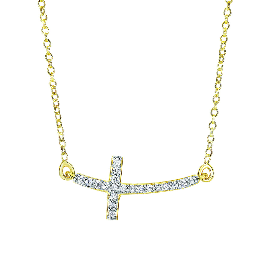 14K Gold .12ct Diamond Side Cross Necklace-Yellow | Lobster