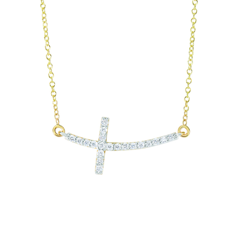 14K Gold .22ct Diamond Side Cross Necklace-Yellow | Lobster