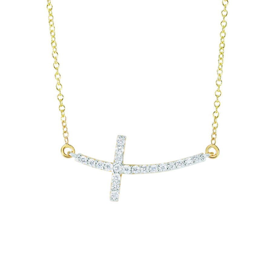 14K Gold .22ct Diamond Side Cross Necklace-Yellow | Lobster
