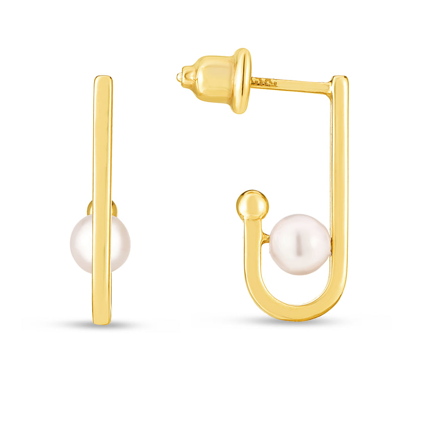 14K Gold J-Hoop Pearl Earring-Yellow | Push Back