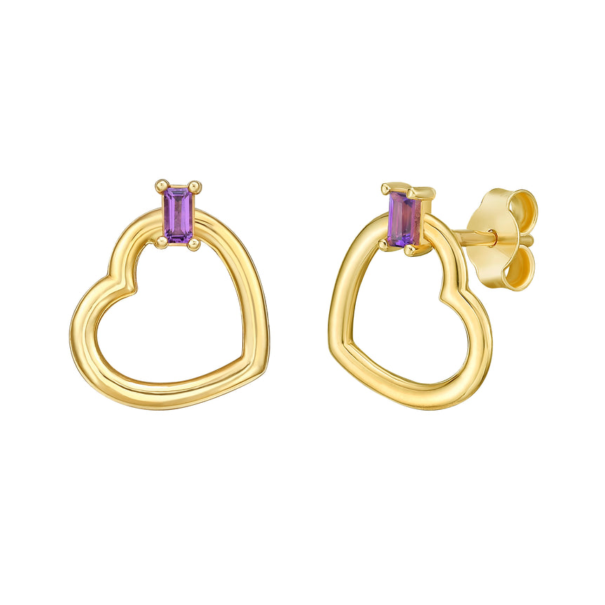 14K Baguette Gemstone Heart Earrings-Yellow | Push Back