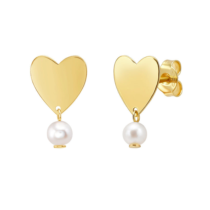 14K Heart and Pearl Drop Studs-Yellow | Push Back