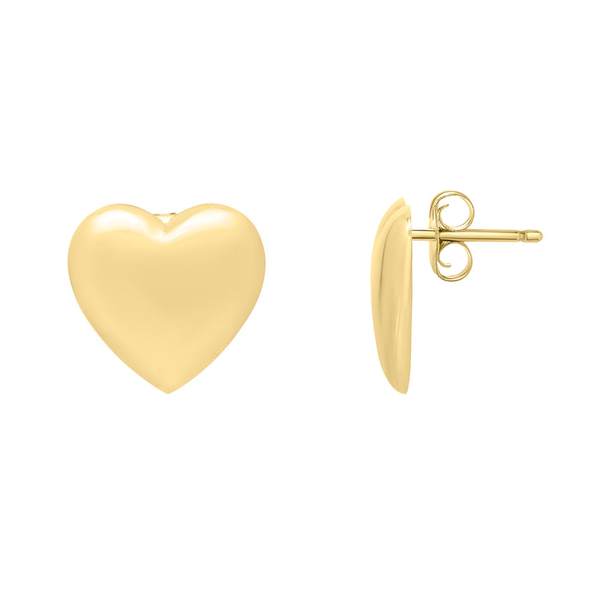 14K Gold Heart Puffed Up Studs-Yellow | Push Back