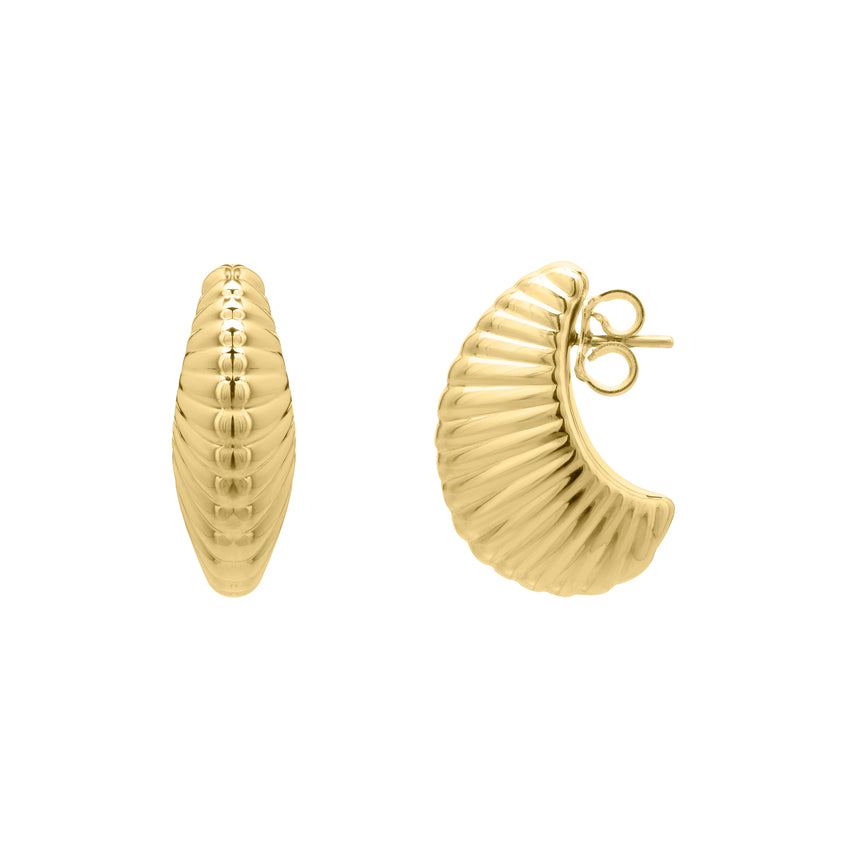 14K Gold Graduated Puffy Ribbed Shell Hoops-Yellow | Push Back