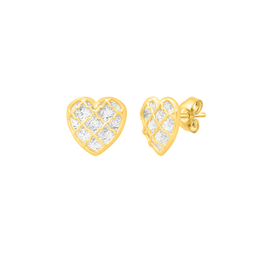 14K Gold Diamond Cut Checkered Heart Studs-Yellow | Push Back