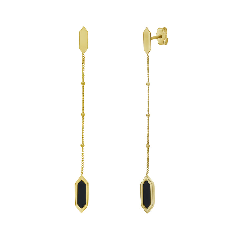 14K Hexagon Onyx Drop Earrings-Yellow | Push Back