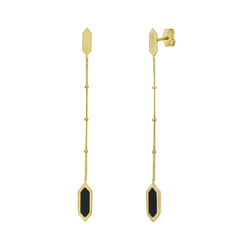 14K Hexagon Onyx Drop Earrings-Yellow | Push Back