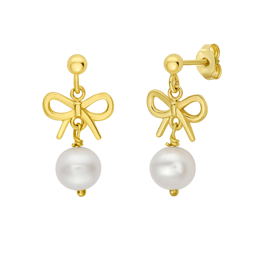 14K Bow Pearl Drop Earrings-Yellow | Push Back