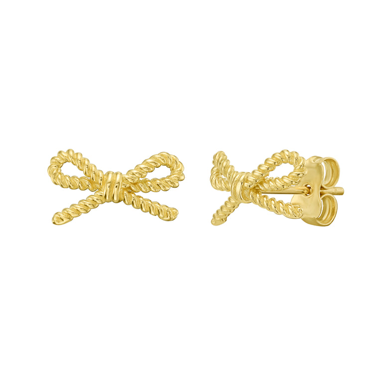 14K Rope Bow Earrings-Yellow | Push Back