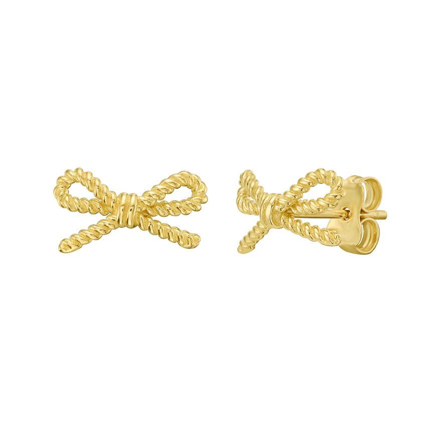14K Rope Bow Earrings-Yellow | Push Back