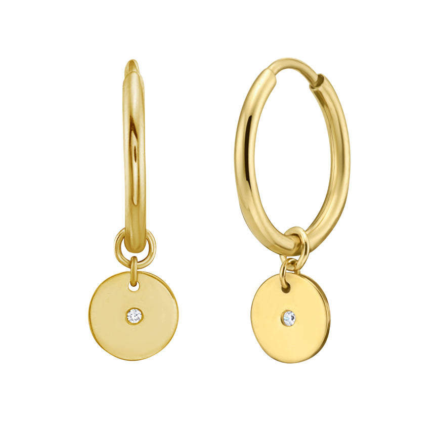 14K Gold Diamond Disc Charm Hoops-Yellow | Endless