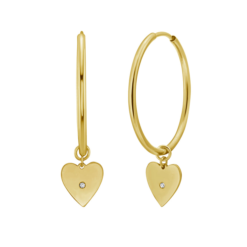 14K Gold Diamond Heart Charm Hoops-Yellow | Endless
