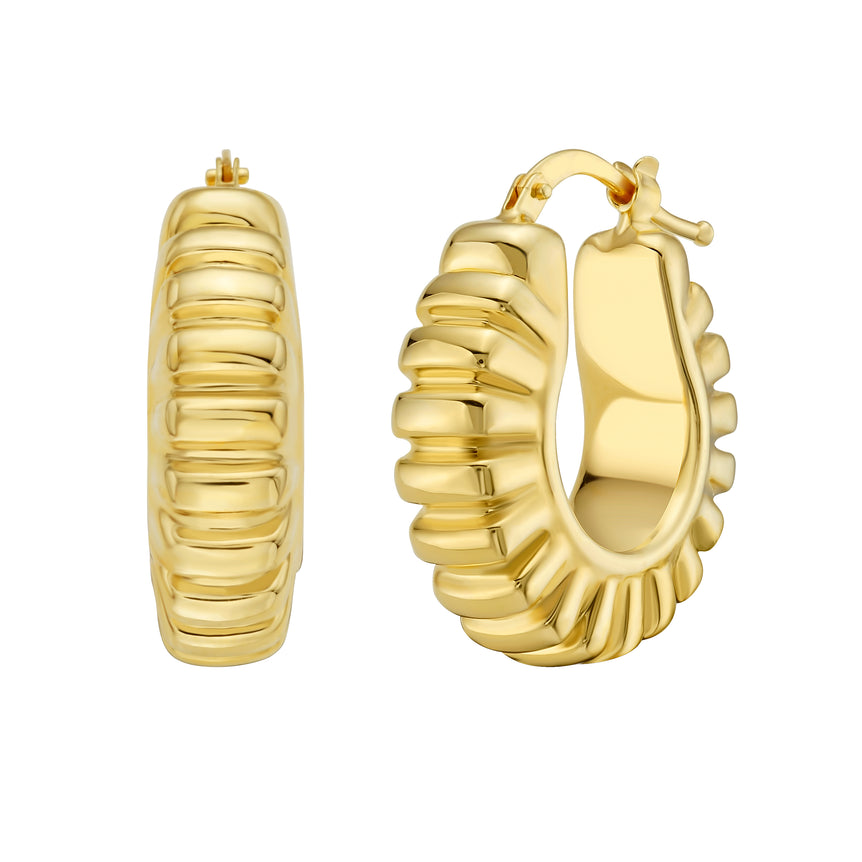 14K Puffed Ribbed Hoops-Yellow | Hinged