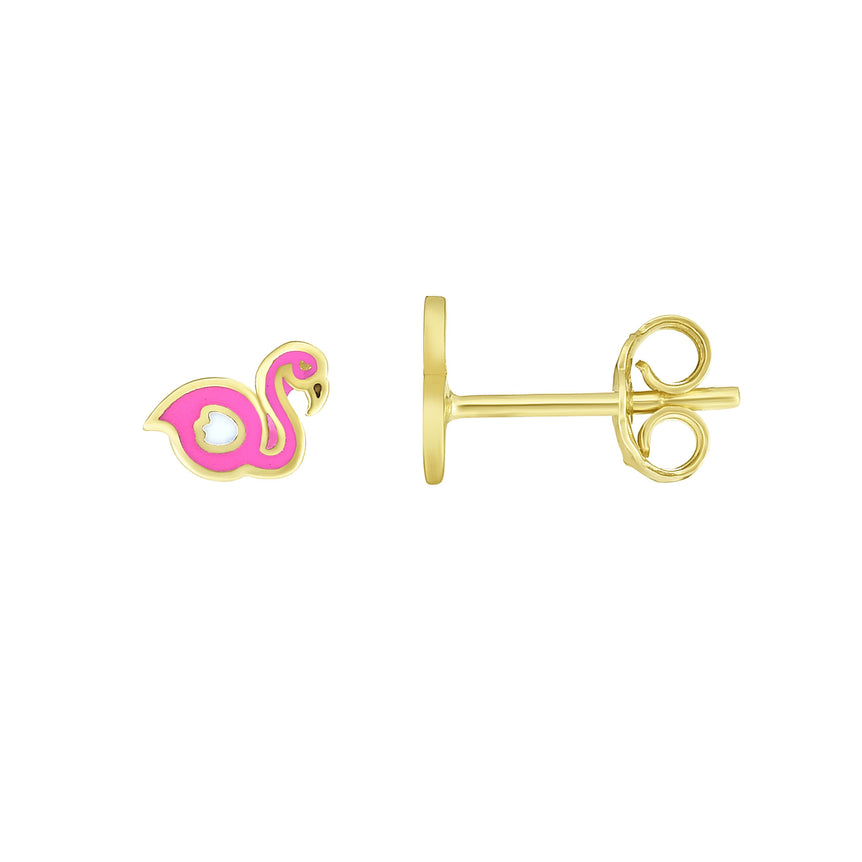 14K Gold Enamel Flamingo Stud Earring-Yellow | Push Back