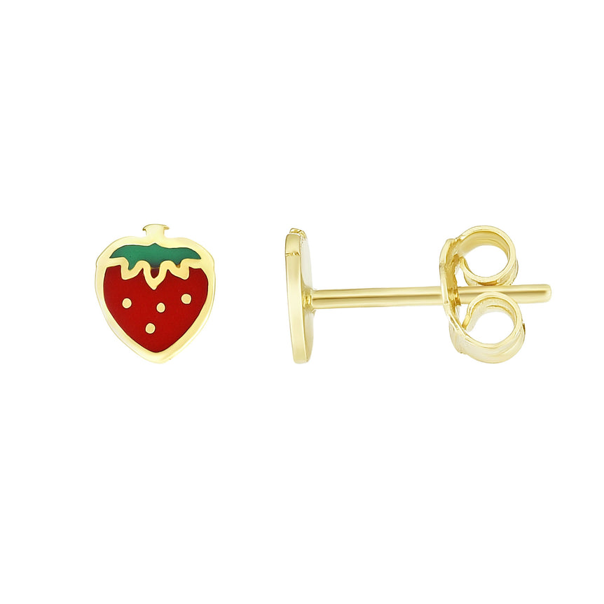14K Gold Enamel Strawberry Stud Earring-Yellow | Push Back