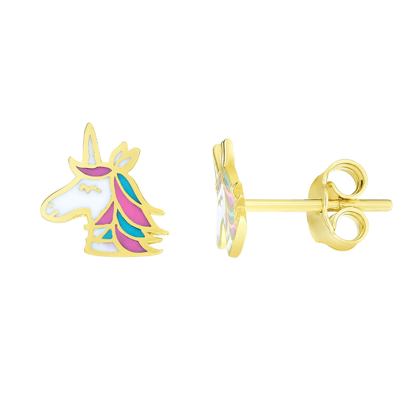 14K Gold Enamel Unicorn Stud Earring-Yellow | Push Back