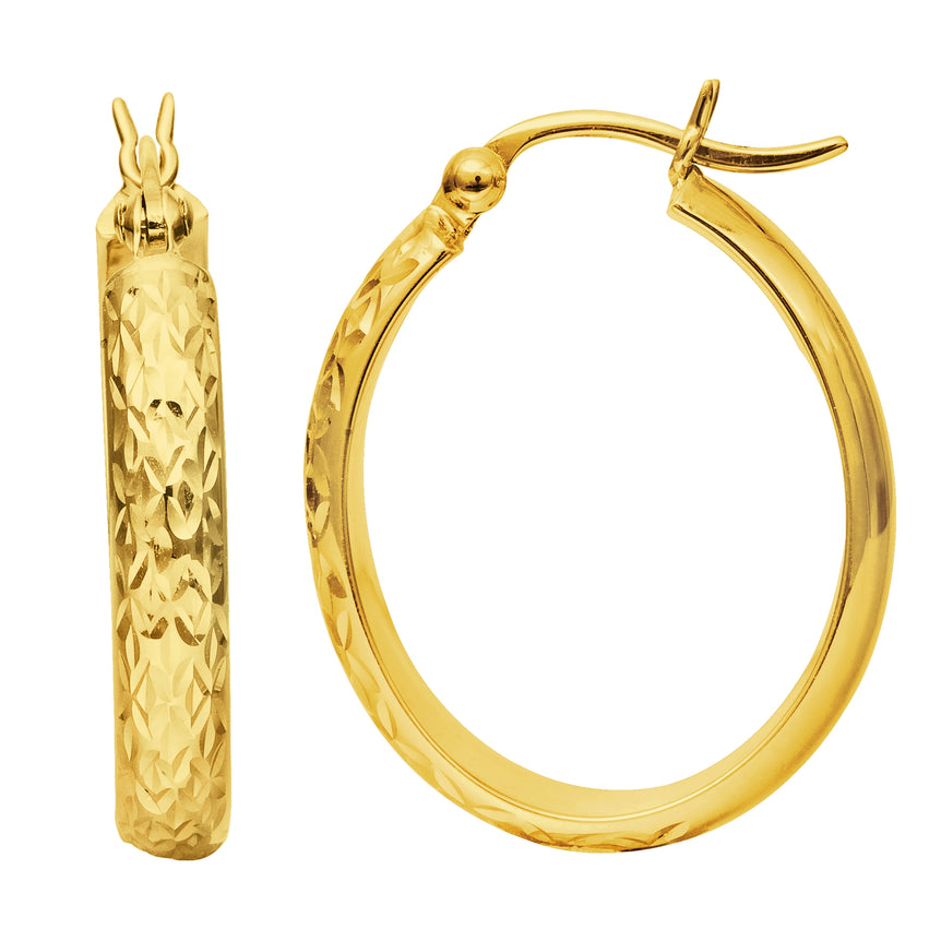 14K Gold Oval Diamond Cut Hoop Earring-Yellow | Hinged