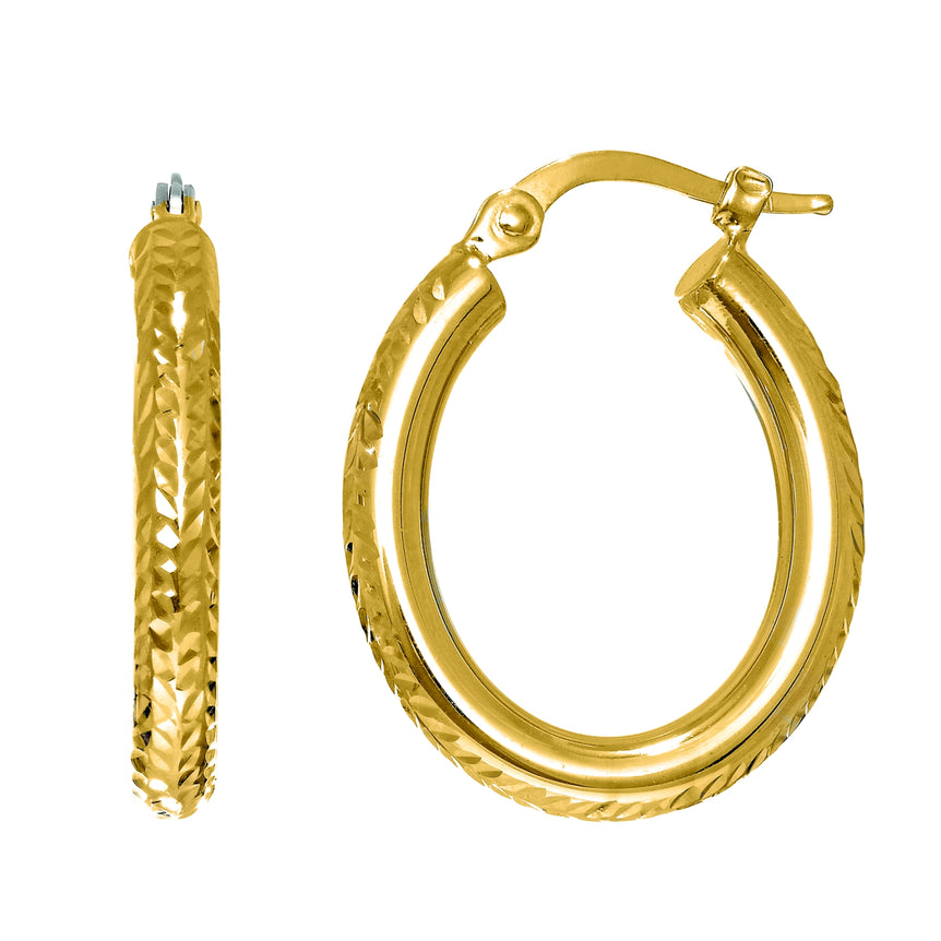 14K Gold Hinged Oval Diamond Cut Hoop Earring-Yellow | Hinged