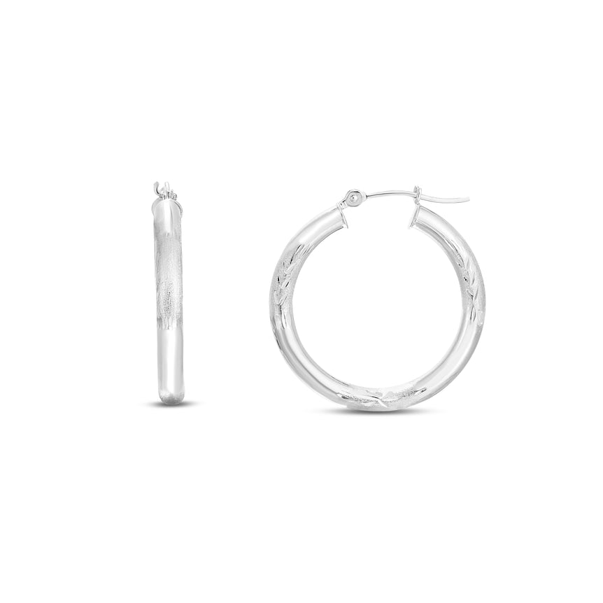 14K White Gold 3mm Diamond Cut & Polished Design Hoop Earring-White | Hinged