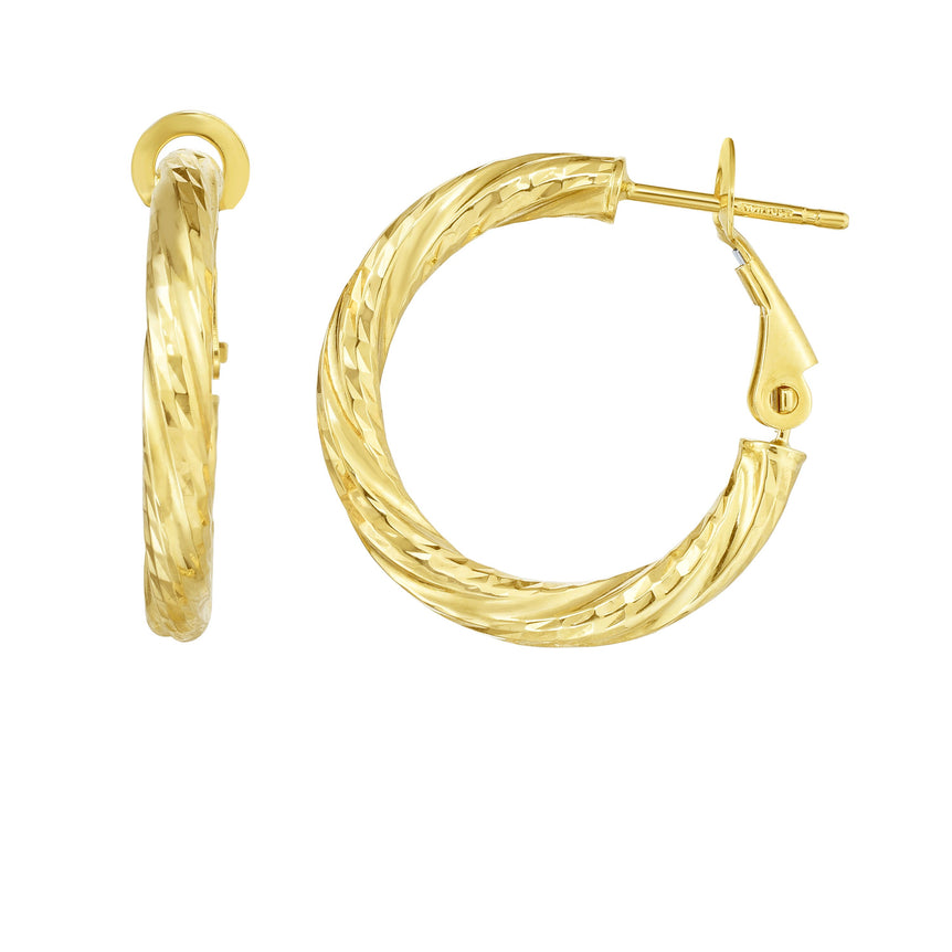 14K Gold 3x15mm Diamond Cut Twist Omega Back Hoop Earring-Yellow | Snap