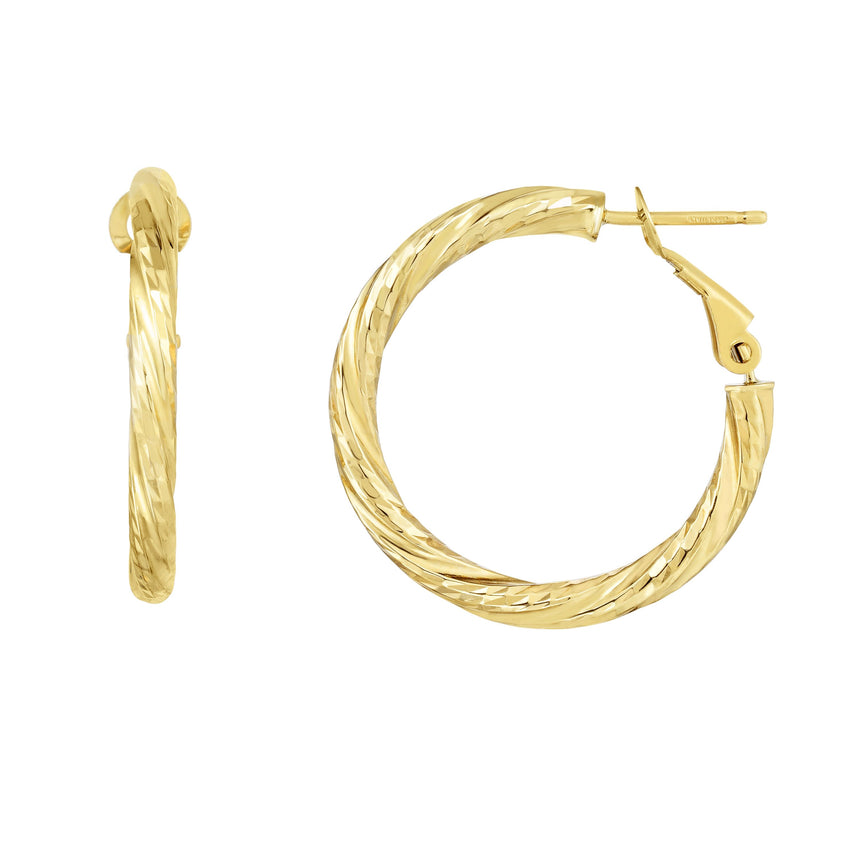 14K Gold 3x20mm Diamond Cut Twist Omega Back Hoop Earring-Yellow | Snap
