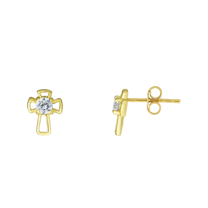 14K Gold CZ Cross Stud Earring-Yellow | Screw off