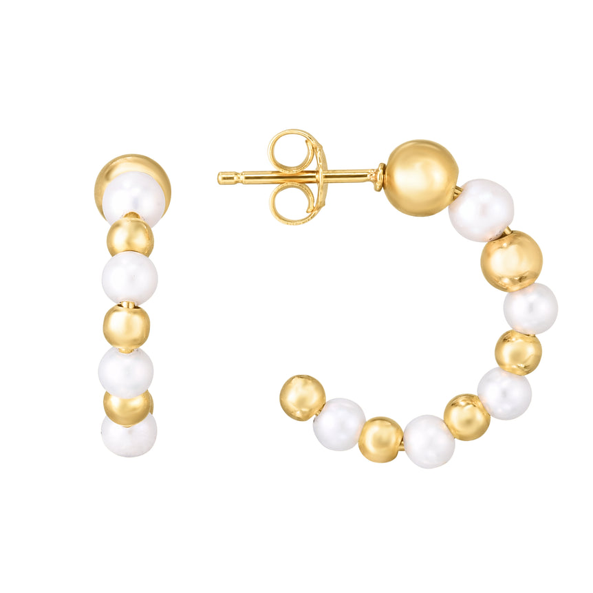14K Gold Pearl & Bead C Hoop-Yellow | Push Back