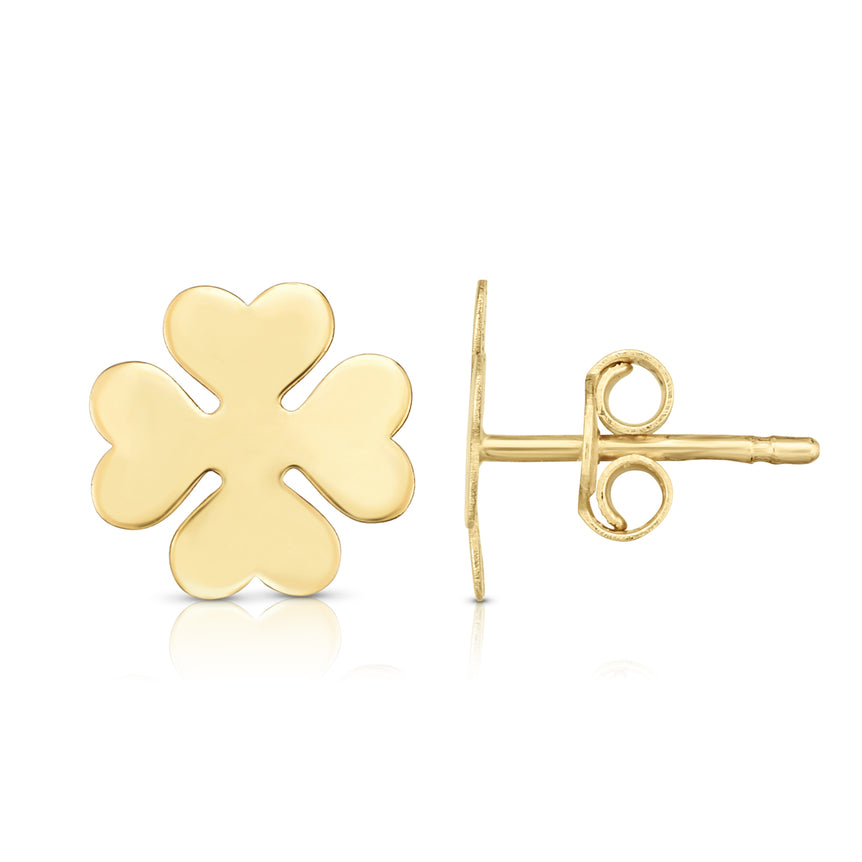 14K Gold Clover Stud Earrings-Yellow | Push Back