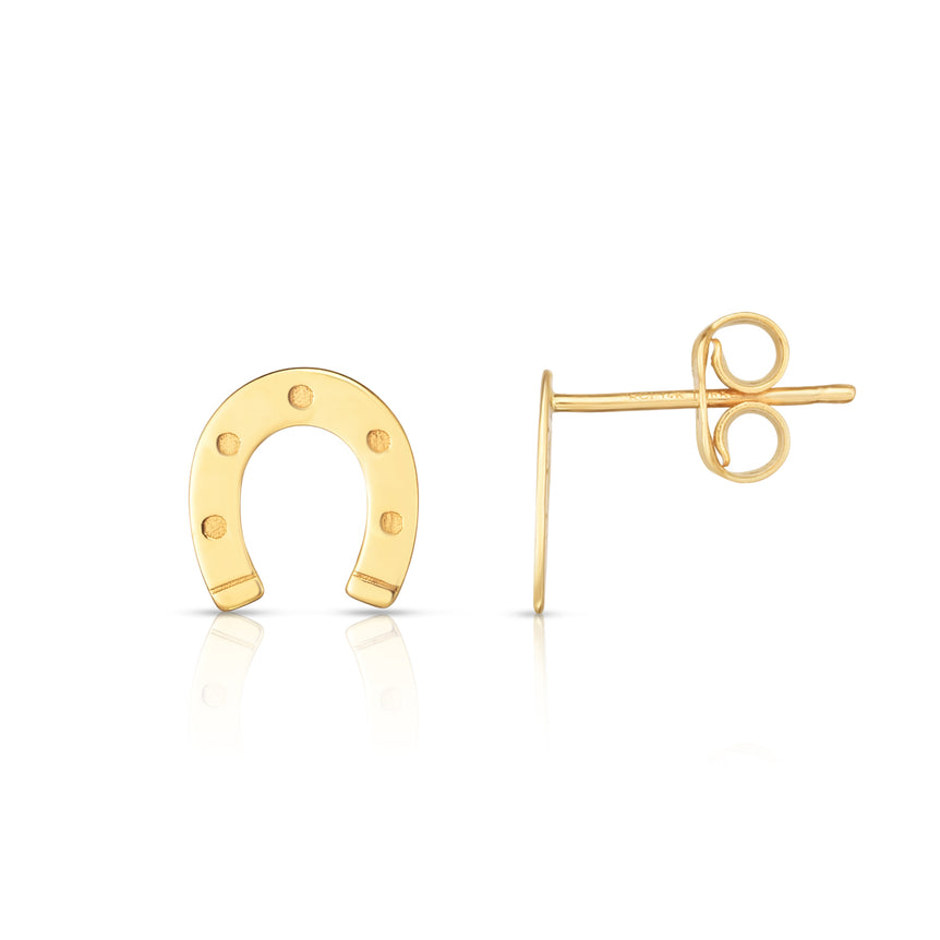 14K Gold Horseshoe Stud Earrings-Yellow | Push Back