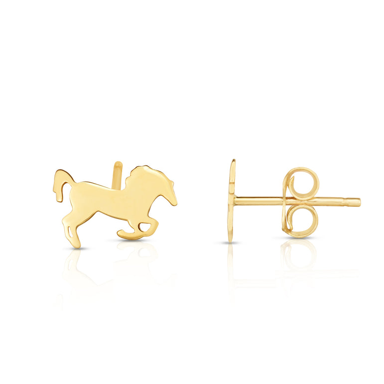 14K Gold Horse Stud Earrings-Yellow | Push Back