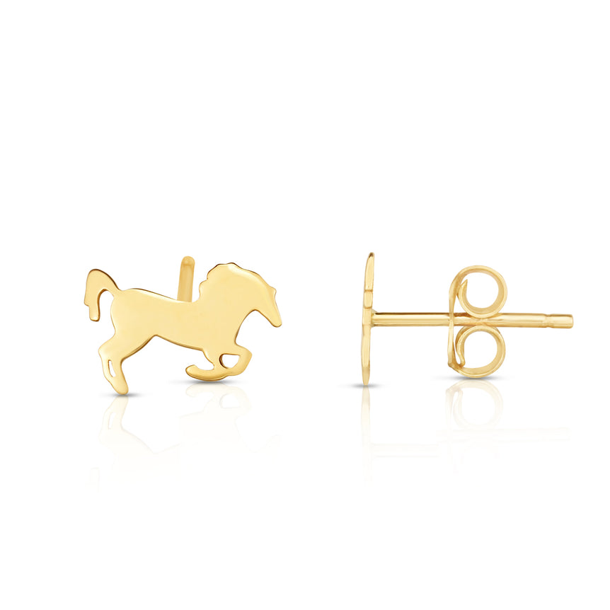 14K Gold Horse Stud Earrings-Yellow | Push Back