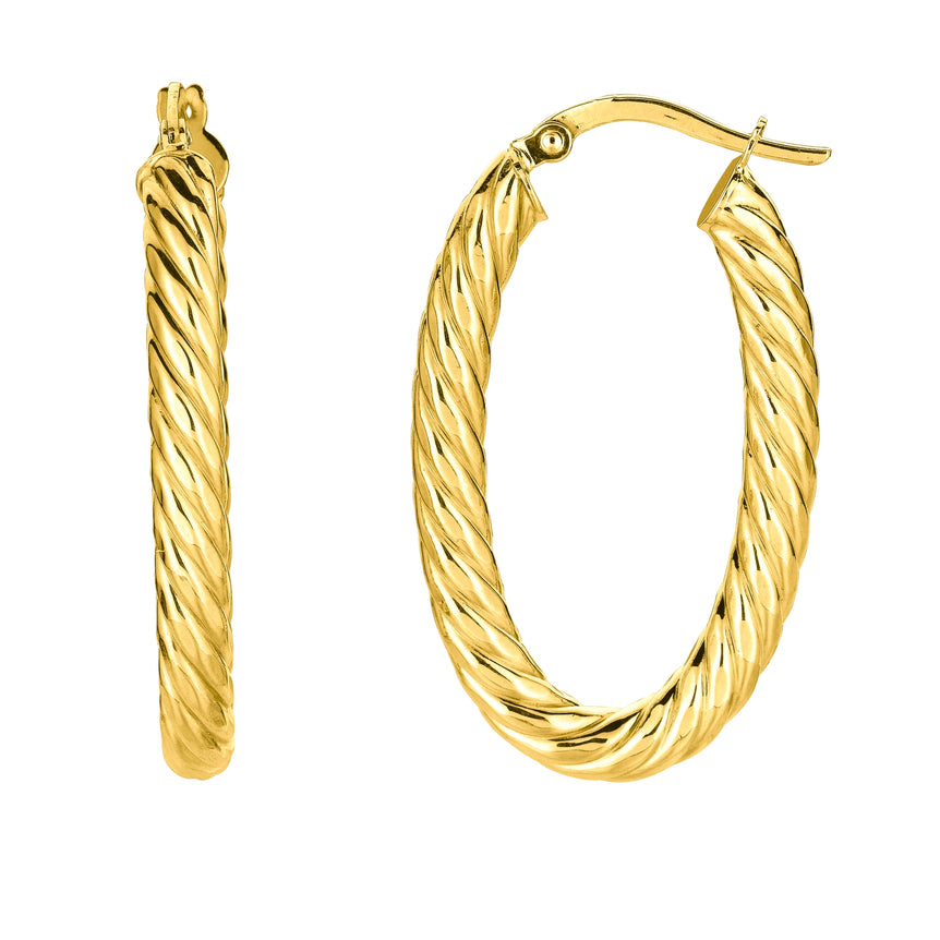 14K Gold Large Oval Twist Hoop Earring-Yellow | Hinged
