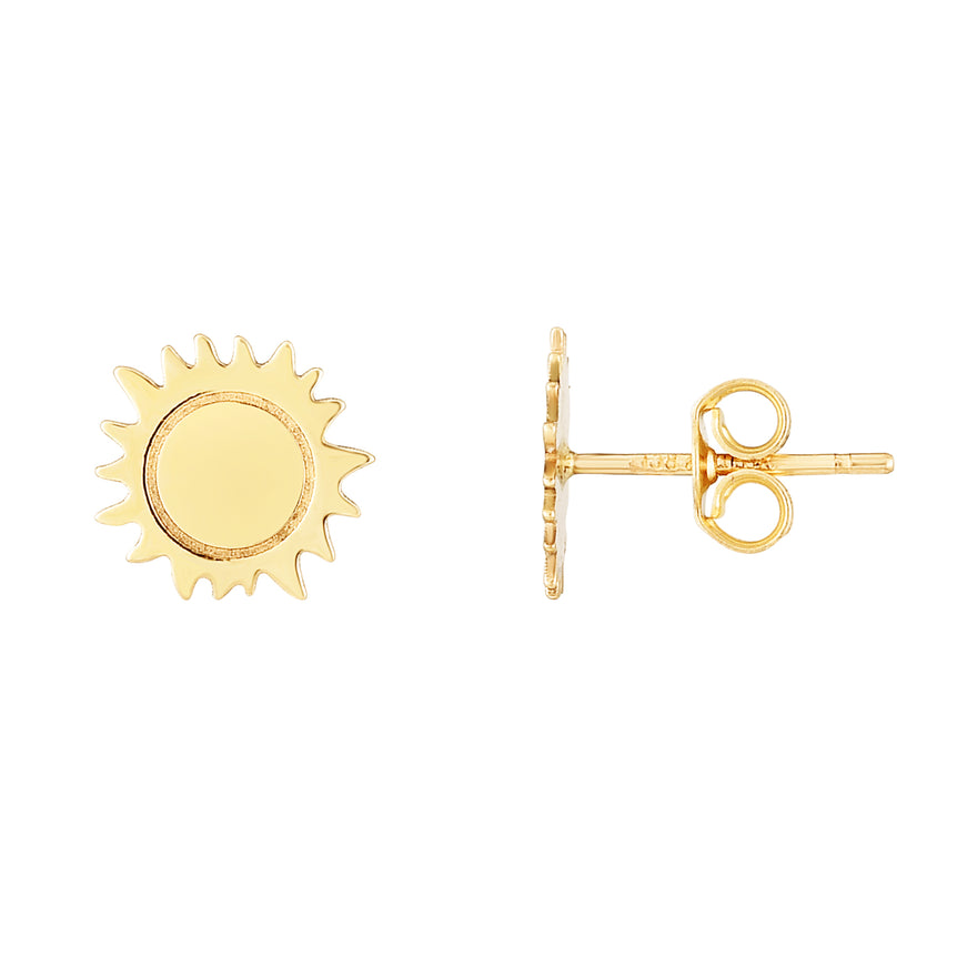 14K Gold Polished Sun Stud Earring-Yellow | Push Back