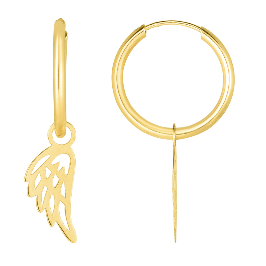 14K Gold Polished Angel Wing Dangle Hoop-Yellow | Endless