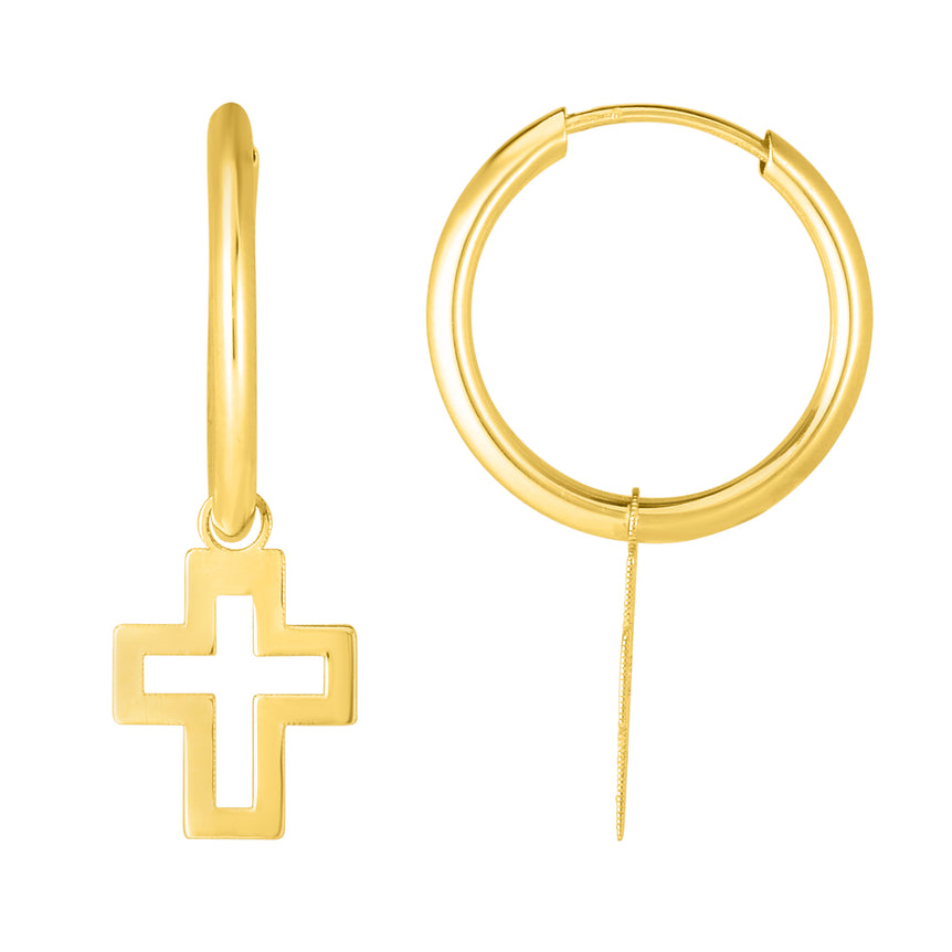 14K Gold Polished Cross Dangle Hoop-Yellow | Endless