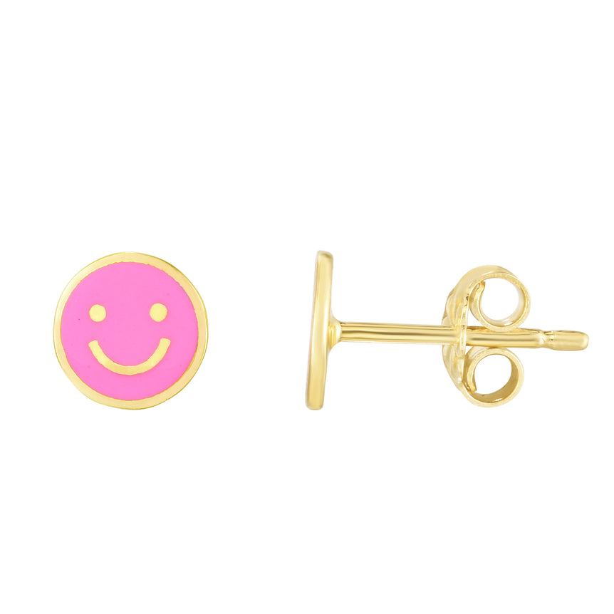 14K Smiley Face Enamel Earrings-Yellow | Push Back