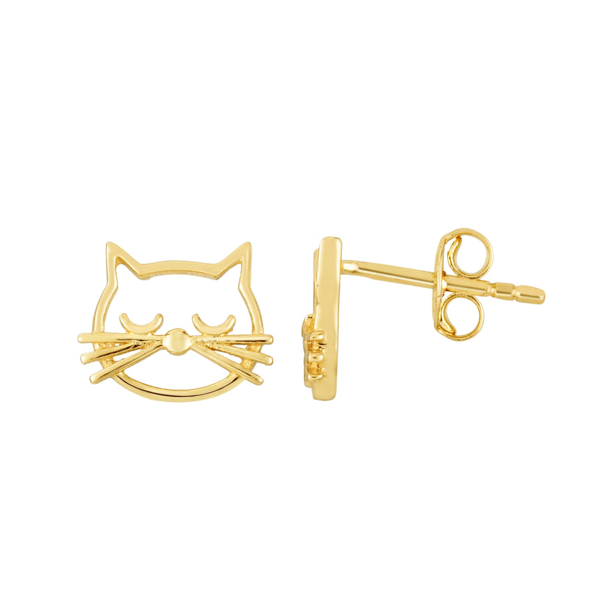 14K Gold Polished Cat Face Stud Earring-Yellow | Push Back