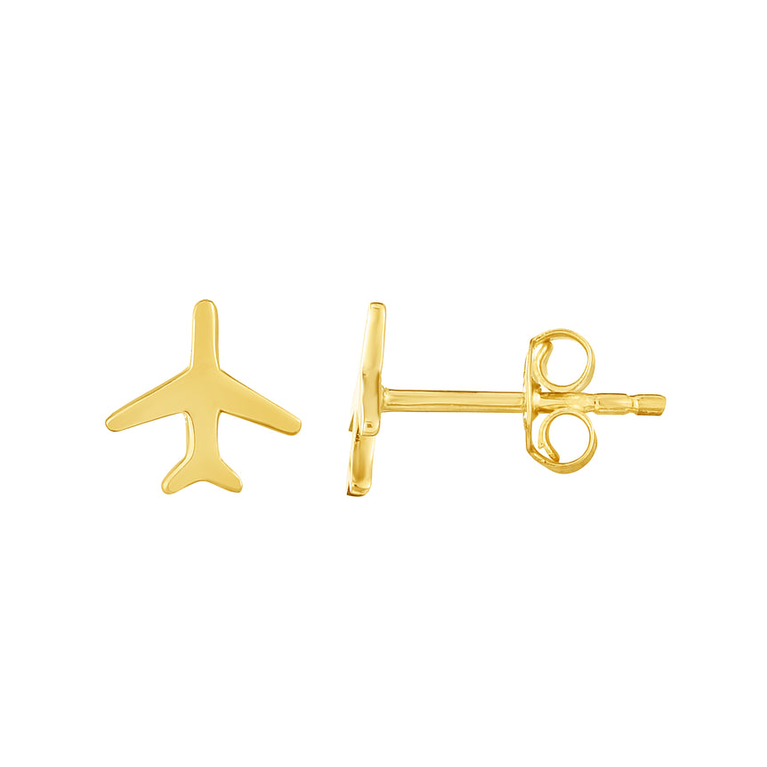 14K Gold Polished Airplane Stud Earring-Yellow | Push Back
